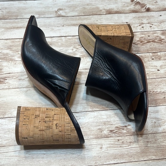 Cole Haan Black Open Toe 4” Cork Block Heel Mules Size 8-1/2B - Picture 3 of 9